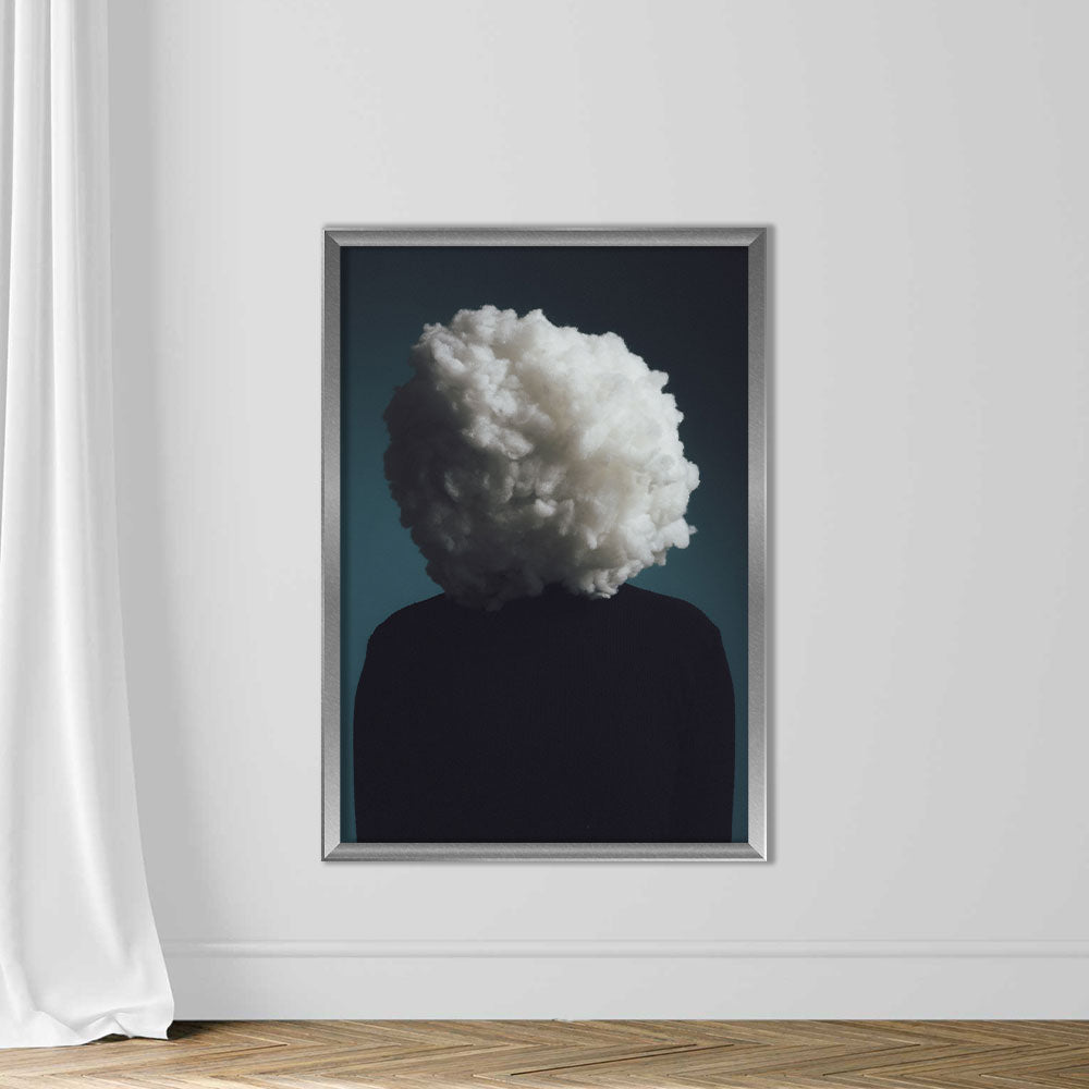 Close-up portrait of a man in a studio with cotton covering face representing a cloud,Paris,France