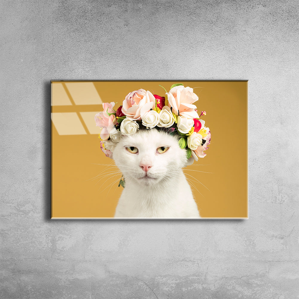 Portrait of white cat with garland on head on orange background