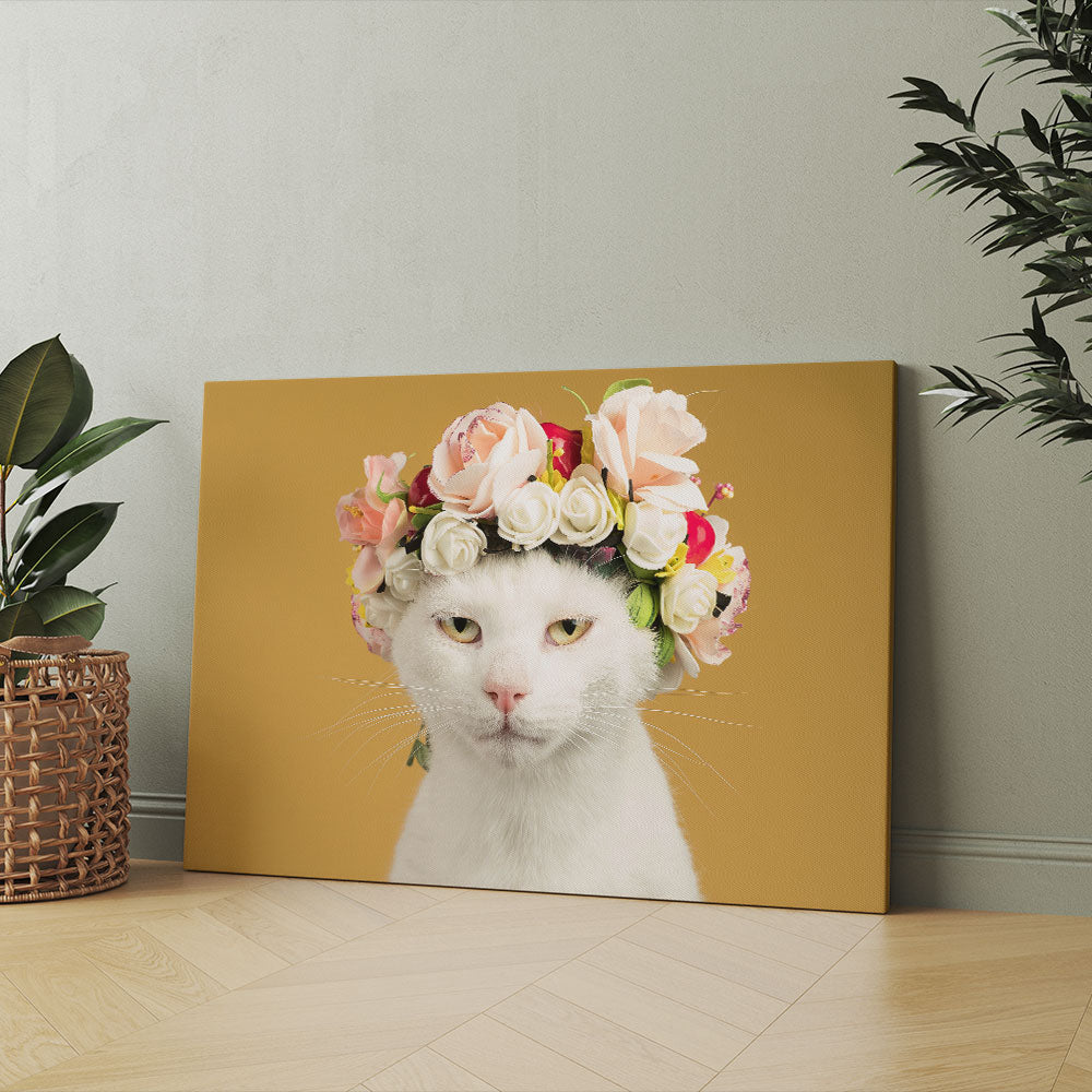 Portrait of white cat with garland on head on orange background